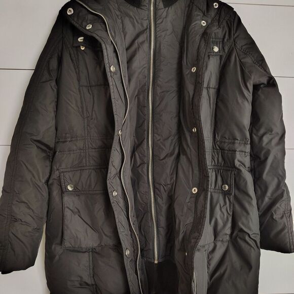 Women's MICHAEL KORS MK Black Hooded Double Zip Puffer Coat Size Small Ski Warm - Picture 2 of 8